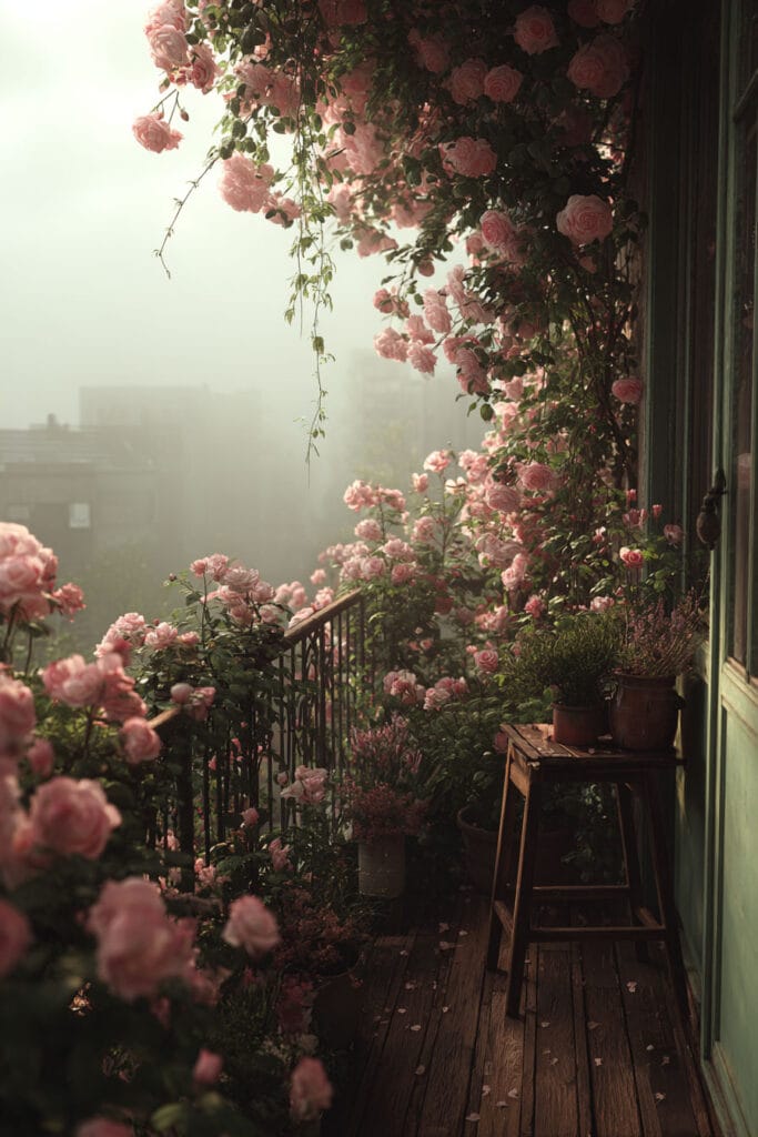 Small cottagecore apartment balcony filled with overflowing pink climbing roses, vintage flower pots, rustic wood flooring, and soft morning sunlight creating a romantic garden atmosphere