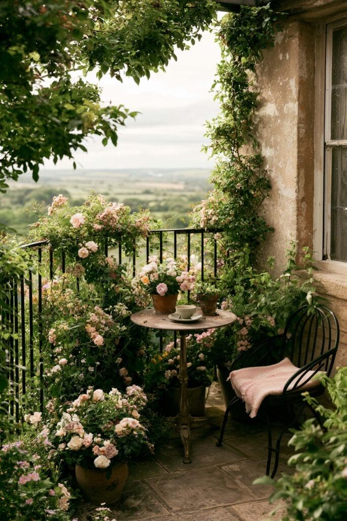 Beautiful European balcony with an English garden style, climbing roses, blooming flower pots, vintage café table, wrought iron chair, lush greenery, and countryside views.