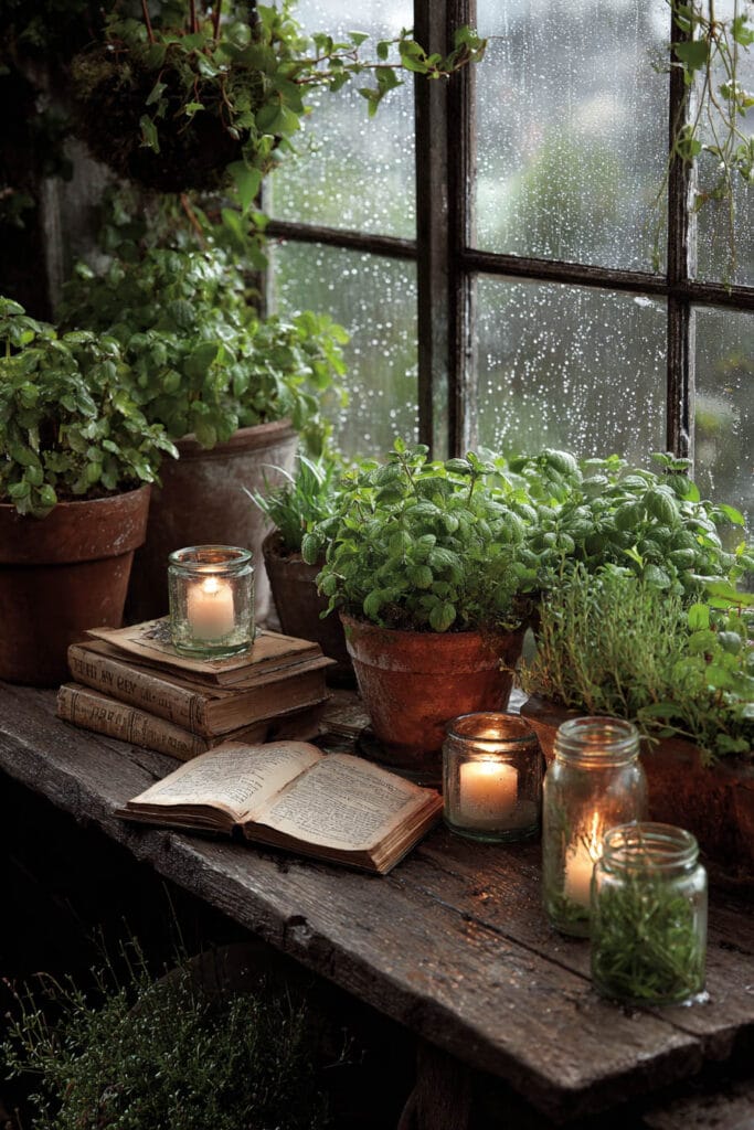 A charming cottagecore balcony featuring terracotta pots filled with fresh herbs, vintage books, glowing candles in glass jars, a rustic wooden bench, climbing ivy, and rain-covered windows.