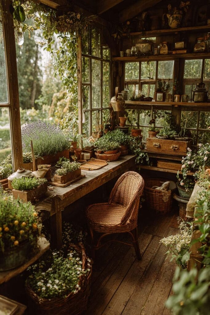 A charming cottagecore balcony herb garden with a rustic potting bench, potted lavender and fresh herbs, wicker chair, vintage wooden shelves, terracotta pots, and lush greenery creating a cozy garden workspace.