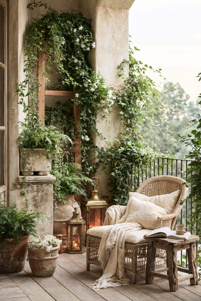 Lush balcony garden with climbing jasmine vines, weathered terracotta planters, wicker lounge chair, vintage lanterns, and layered greenery creating a cozy secret retreat.