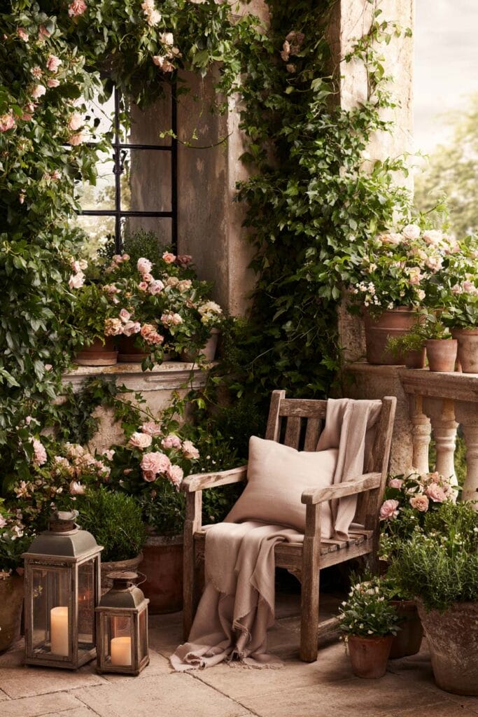 Romantic European balcony styled like an English garden with climbing roses, weathered stone walls, rustic wooden chair, lanterns, terracotta planters, and lush flowering vines creating a cozy outdoor escape.