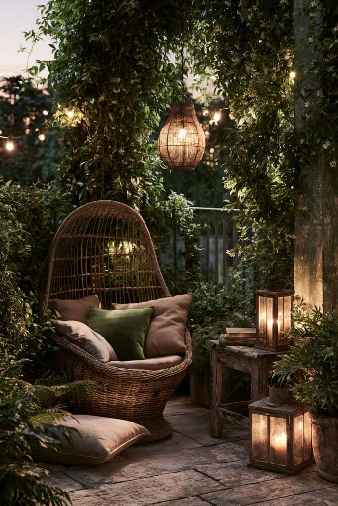 Secret garden balcony with wicker reading chair, climbing vines, lanterns, string lights, and lush European balcony decor.