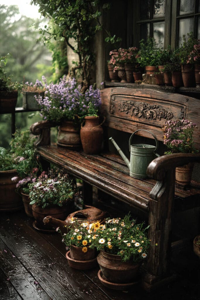 Small cottagecore apartment balcony with a weathered carved wooden bench, terracotta flower pots, vintage watering can, blooming daisies, and rustic wood flooring after a light rain.