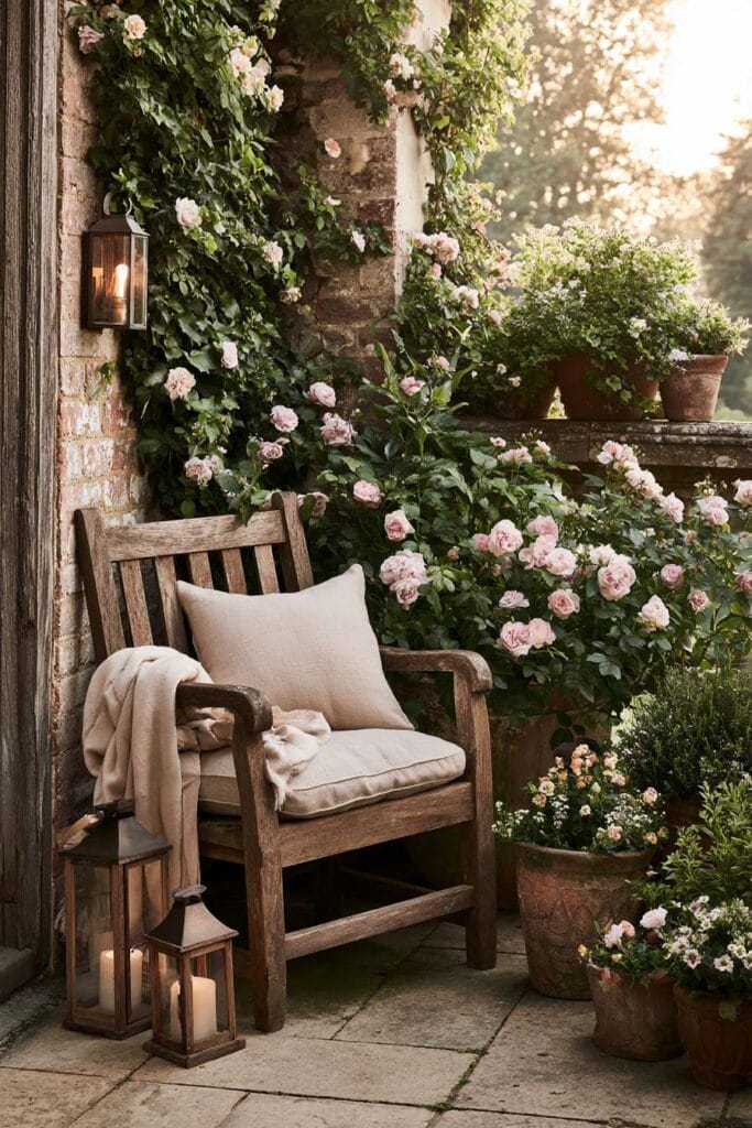 Beautiful European balcony with English cottage garden style, climbing roses, weathered brick walls, rustic wooden chair, vintage lanterns, terracotta planters, and lush blooming flowers.