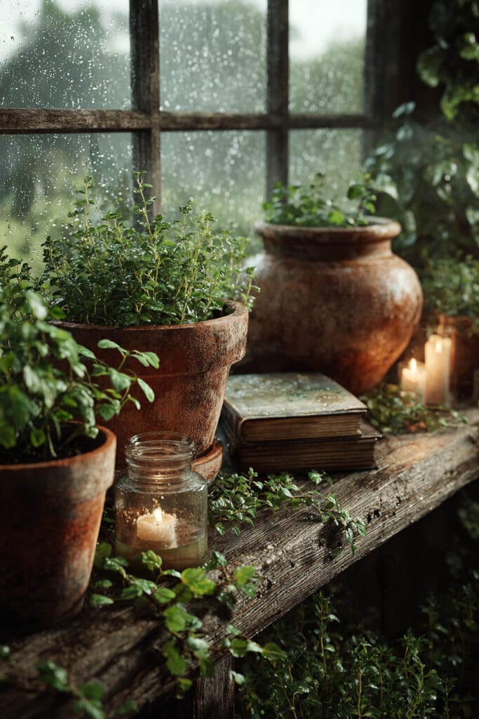 A cozy cottagecore balcony with terracotta pots of fresh herbs, vintage books, glowing candles, a rustic wooden shelf, and rain-covered windows creating a peaceful vintage-inspired herb garden.