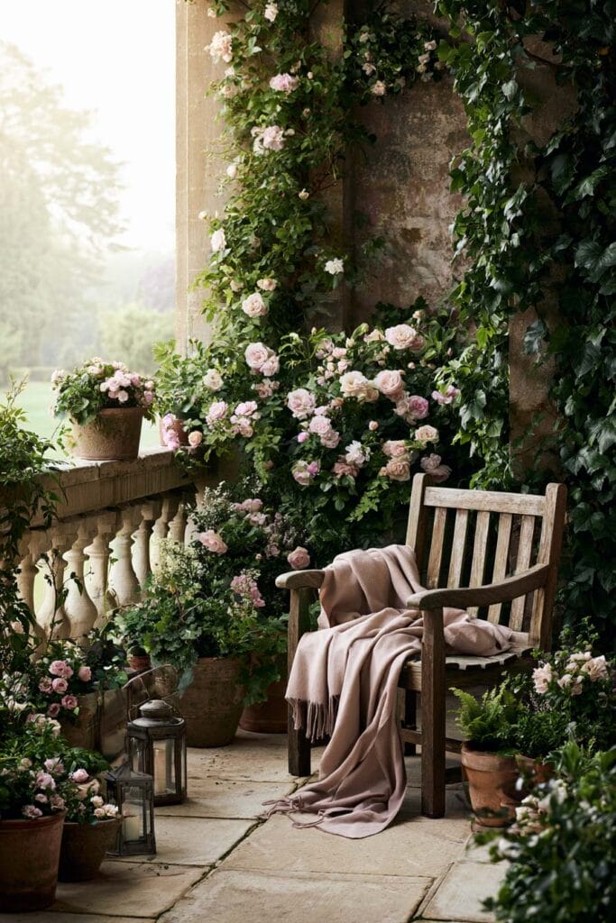 Cozy European balcony with blooming climbing roses, rustic wooden chair, vintage lanterns, lush greenery, and stone architecture inspired by an English garden.