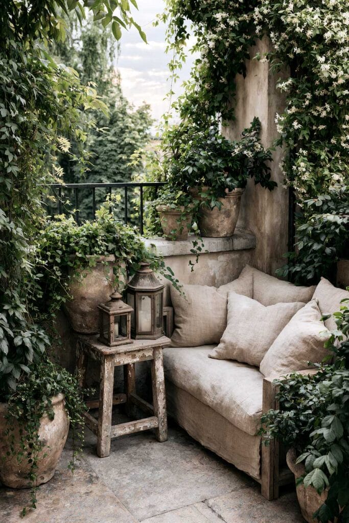 Hidden secret garden balcony with a rustic linen sofa, weathered terracotta planters, vintage lanterns, flowering climbing vines, and cozy European-inspired garden decor.