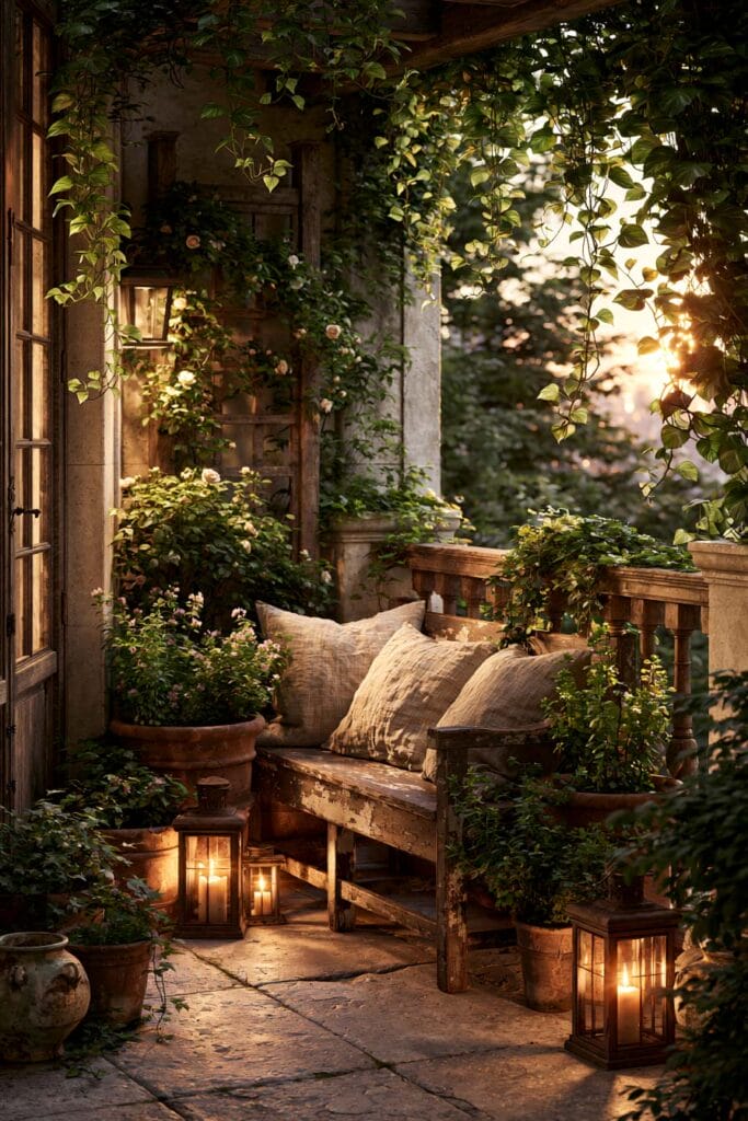 Lush balcony garden with climbing vines, flowering plants, rustic wooden bench, glowing lanterns, and layered greenery creating a cozy secret retreat at sunset.