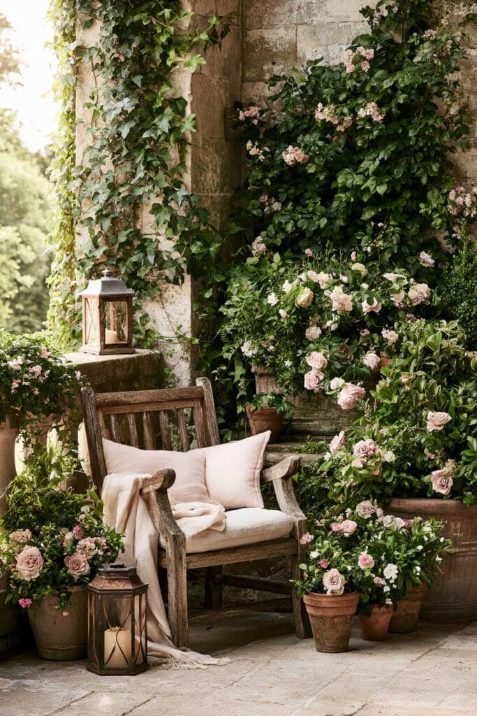 Romantic European balcony with climbing roses, weathered stone walls, a rustic wooden chair, lanterns, terracotta flower pots, and lush English garden-inspired decor creating a cozy outdoor retreat.