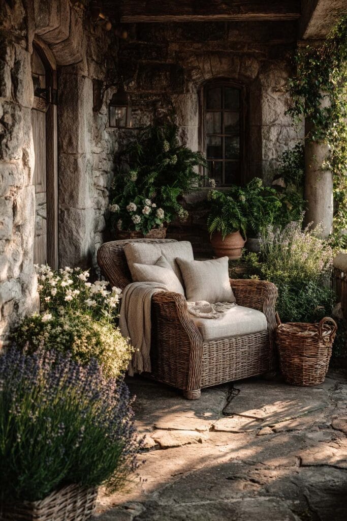 Small cottagecore apartment balcony with rustic stone walls, a cozy wicker armchair, linen cushions, woven baskets, lavender, terracotta planters, and lush greenery creating a peaceful outdoor retreat.