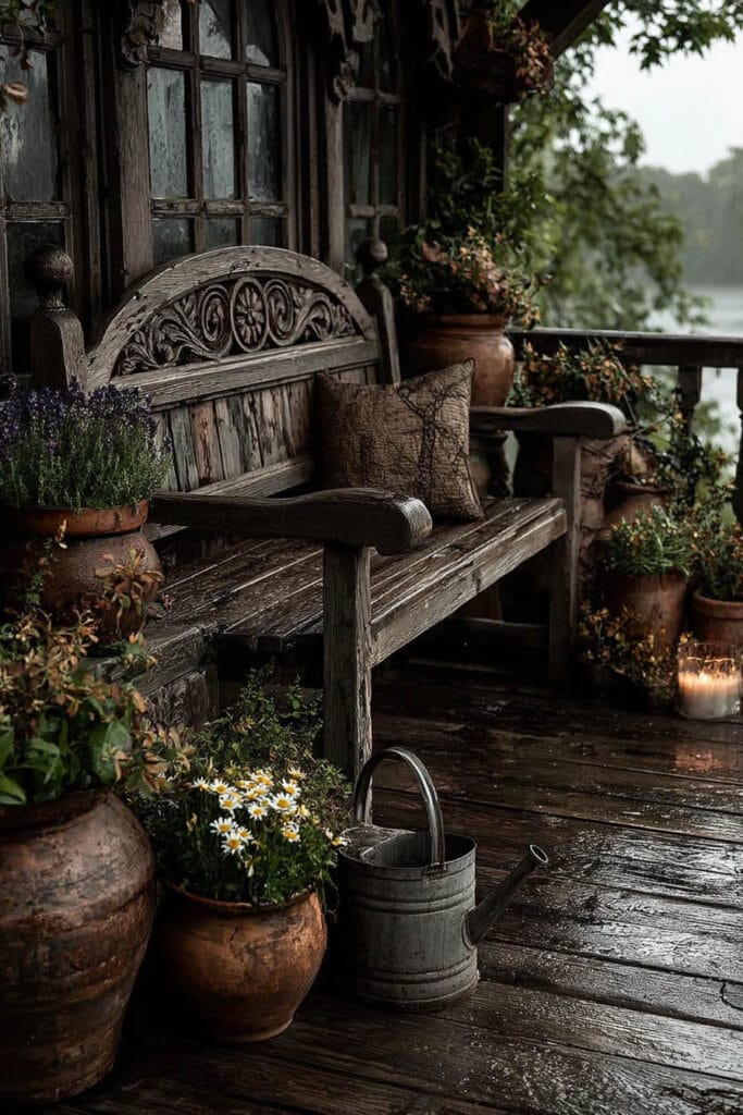 A rustic cottagecore balcony featuring a weathered wooden bench, terracotta pots, blooming daisies, a vintage watering can, candlelight, and rain-soaked wooden flooring overlooking a peaceful landscape.