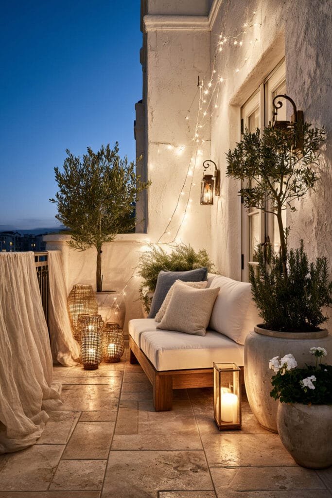 Beautiful European balcony at night with string lights, lanterns, candlelight, white stucco walls, olive trees, linen curtains, and cozy Mediterranean-inspired outdoor seating.