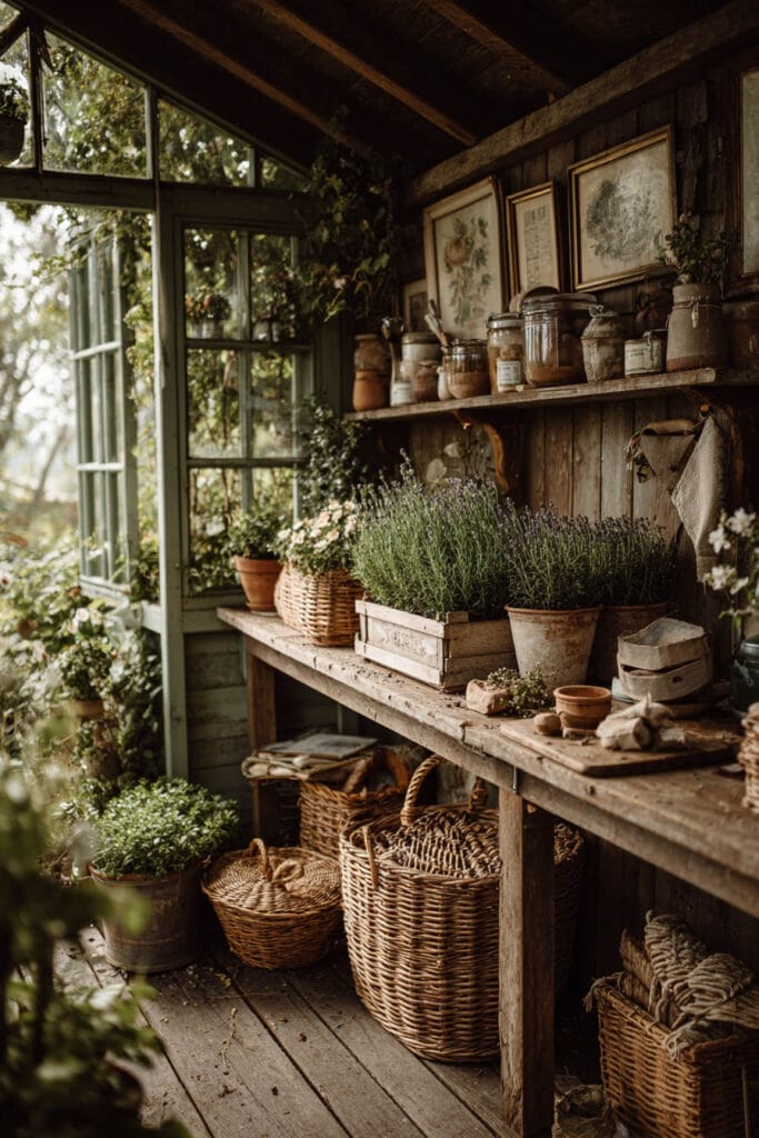 A cottagecore balcony herb garden with lavender, terracotta pots, wicker baskets, a rustic wooden potting bench, vintage botanical artwork, and weathered wood creating a charming outdoor gardening space.