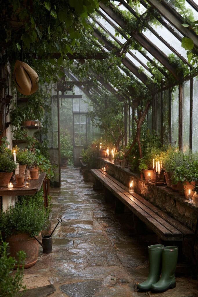 A charming cottagecore greenhouse balcony with a glass roof, climbing vines, terracotta pots, candlelight, rustic wooden benches, stone flooring, and lush greenery creating a cozy all-season garden retreat.