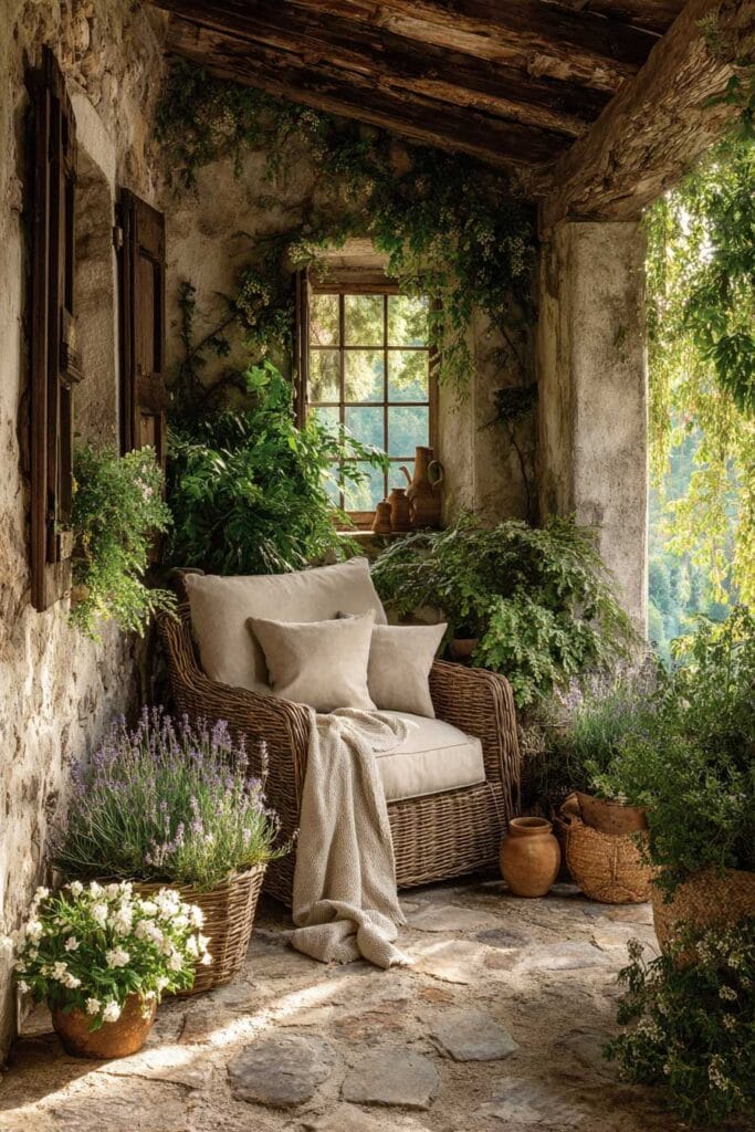 Small cottagecore apartment balcony with weathered stone walls, exposed wood beams, a wicker armchair with linen cushions, lavender, terracotta pots, and lush greenery creating a cozy natural retreat.