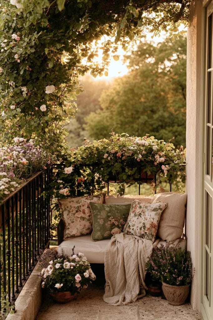 Cozy European balcony with climbing roses, flower-filled railing planters, floral pillows, soft throw blanket, and English garden-inspired decor at golden hour.