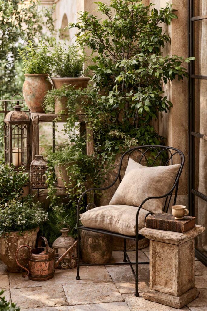 Hidden secret garden balcony with a wrought iron chair, weathered terracotta planters, vintage lanterns, rustic stone flooring, lush greenery, and European-inspired garden decor.