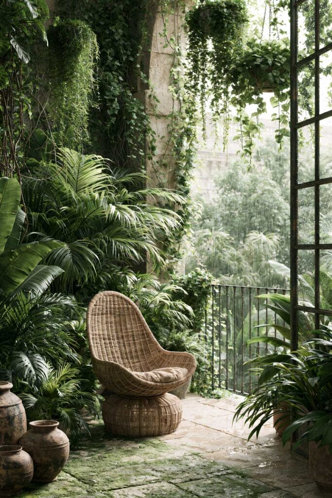 Lush balcony garden with tropical plants, hanging baskets, trailing vines, wicker lounge chair, and layered greenery creating a peaceful secret retreat on a rainy day.