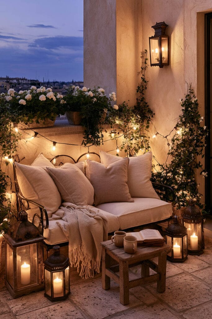 Romantic European balcony at dusk with warm string lights, vintage lanterns, candles, climbing flowers, cozy outdoor sofa, and soft neutral decor creating a magical evening retreat.