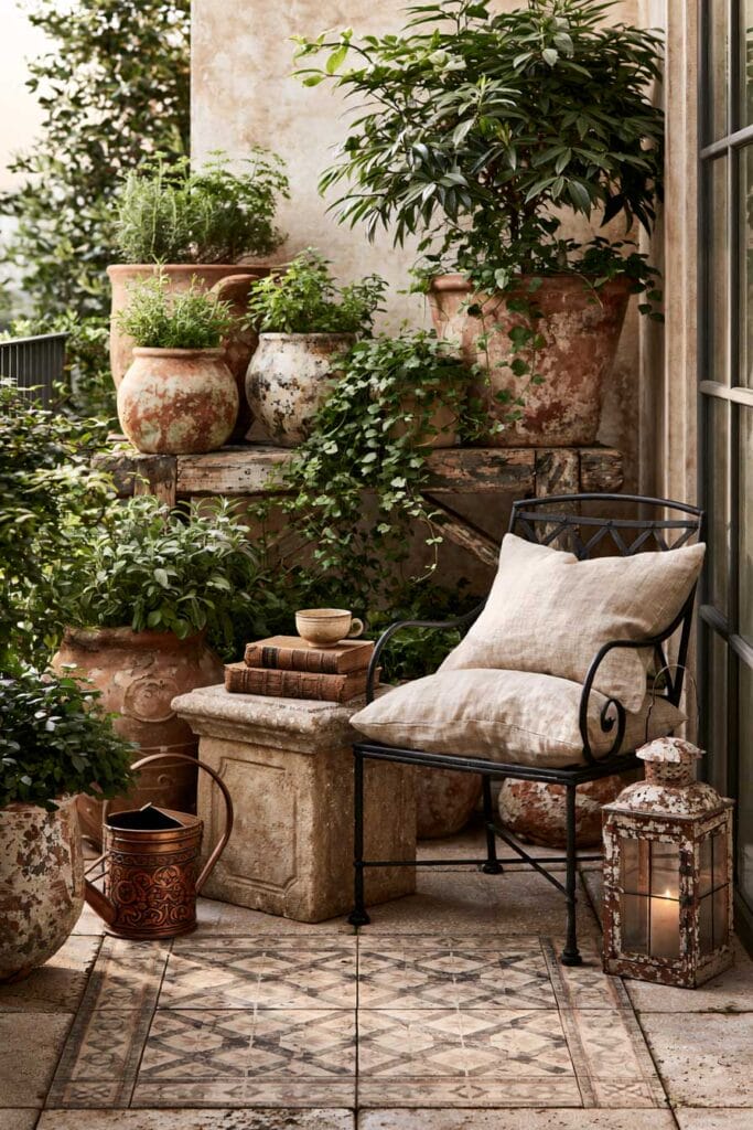 Secret garden balcony with weathered terracotta pots, vintage iron chair, rustic stone table, lush greenery, and European garden decor.