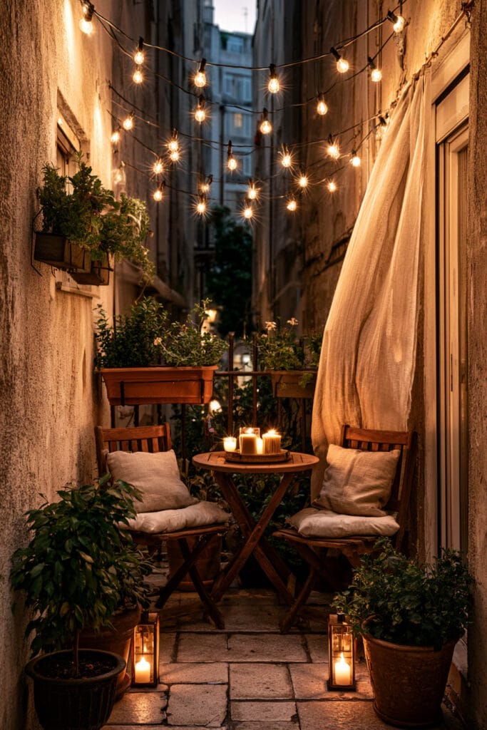 Beautiful European balcony with warm string lights, candle lanterns, wooden bistro table, linen curtains, potted plants, and romantic nighttime outdoor decor.