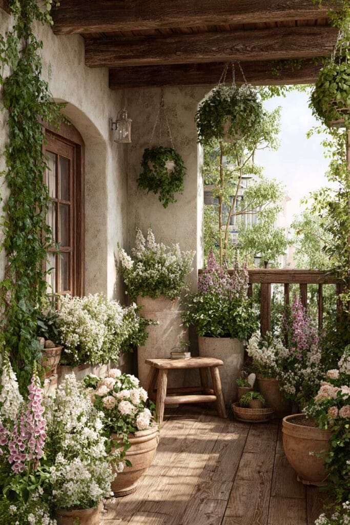 A beautiful cottagecore balcony with blooming wildflowers, terracotta pots, climbing vines, hanging baskets, rustic wooden beams, and a weathered wooden stool creating a charming vintage-inspired garden retreat.