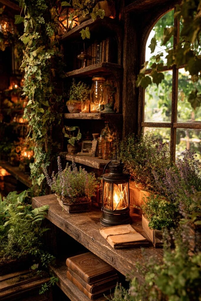 A cozy cottagecore greenhouse balcony featuring rustic wooden shelves, potted herbs, climbing ivy, vintage books, a glowing lantern, and warm candlelight beside a weathered window.