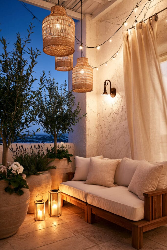 Cozy European balcony at night with woven pendant lights, string lights, lanterns, linen sofa, olive trees, and warm Mediterranean-inspired outdoor decor.