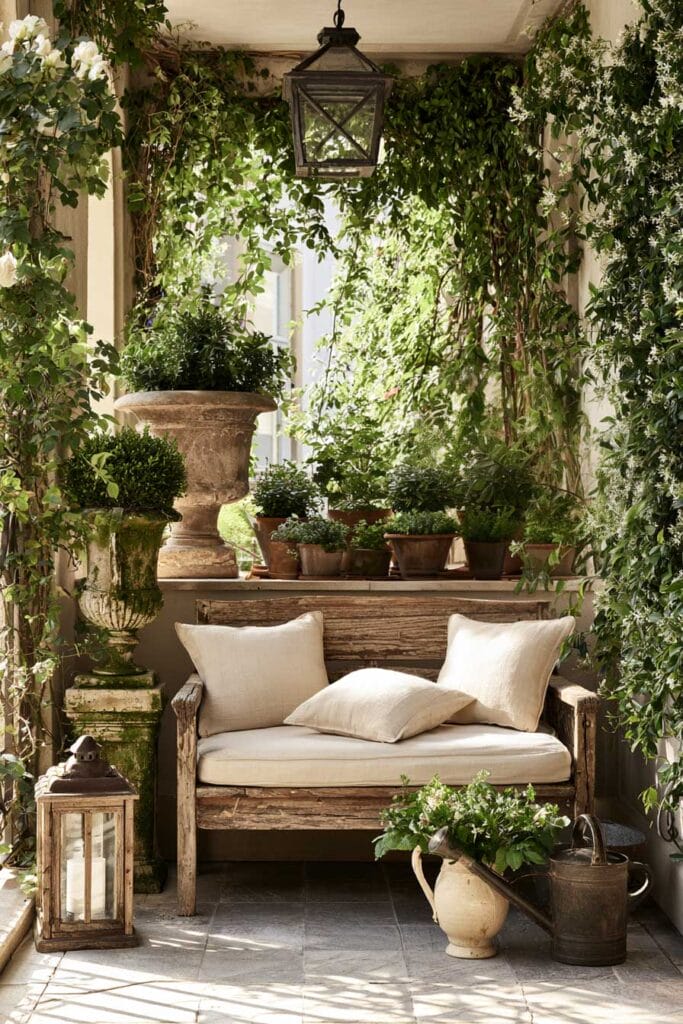 Hidden secret garden balcony with a weathered wooden bench, mossy stone urns, flowering climbing vines, terracotta planters, vintage lantern, and European-inspired garden decor.