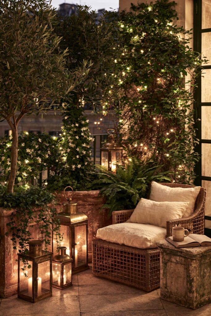 Lush balcony garden at night with fairy lights, glowing lanterns, climbing jasmine, olive tree, wicker lounge chair, and layered greenery creating a magical secret retreat.