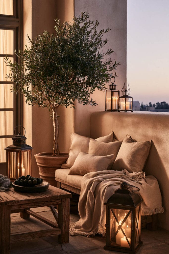 Romantic European balcony at sunset with glowing lanterns, candlelight, an olive tree, rustic wood furniture, and a cozy outdoor sofa creating a warm Mediterranean-inspired retreat.