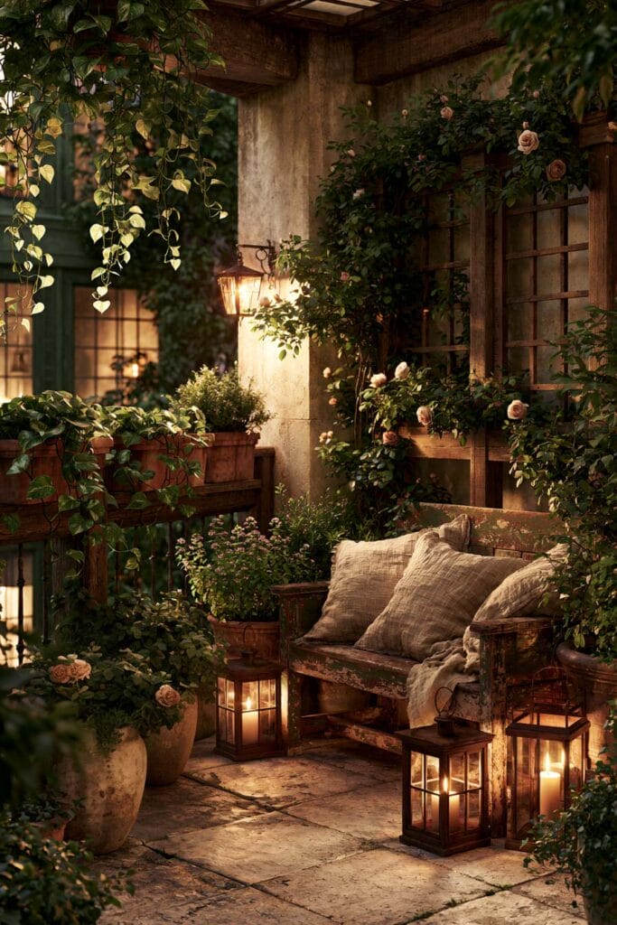 Secret garden balcony with weathered wooden bench, climbing roses, lanterns, lush greenery, and cozy European outdoor decor.