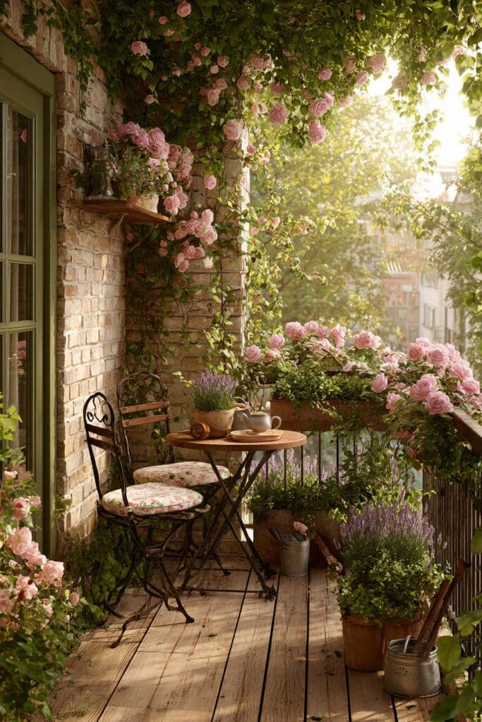 Small cottagecore apartment balcony with climbing pink roses, lavender, terracotta flower pots, a vintage bistro table and chairs, and a lush wildflower garden creating a charming outdoor retreat.