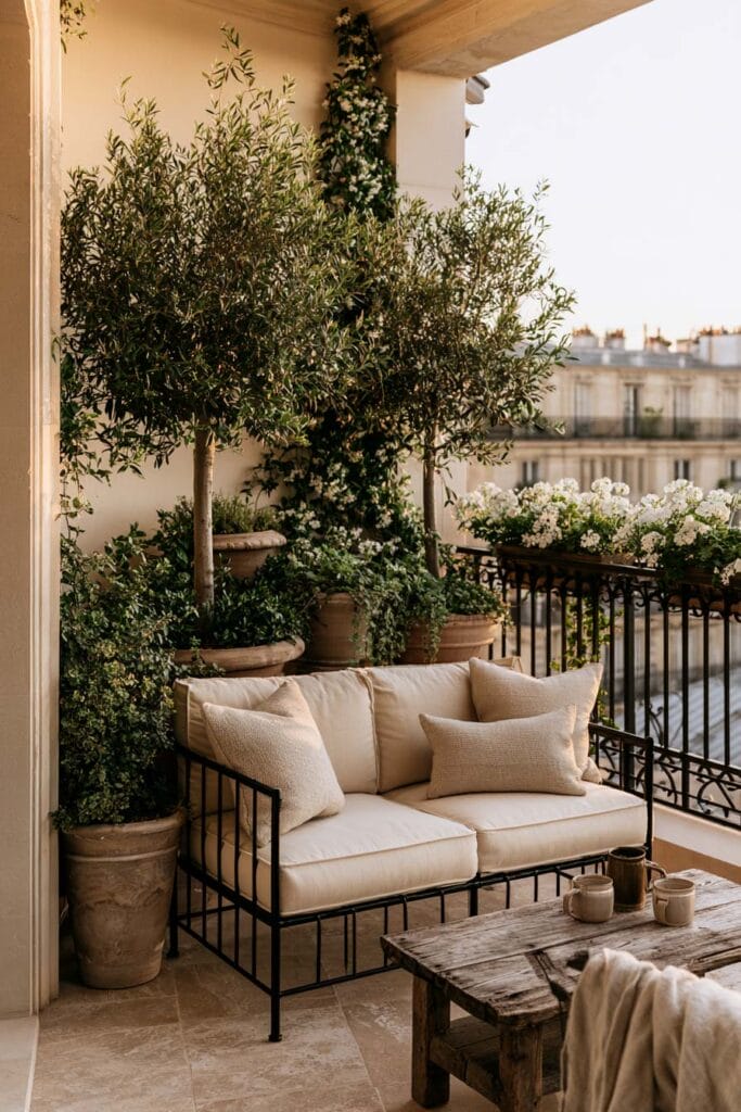 Beautiful European balcony with layered greenery, olive trees, flower boxes, cream outdoor sofa, rustic wood coffee table, wrought iron railing, and lush potted plants.