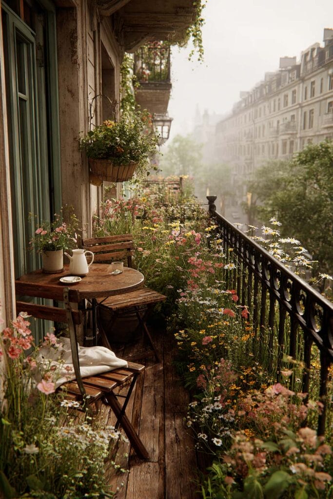 A charming cottagecore balcony with colorful wildflowers, a rustic wooden bistro table and chairs, wrought iron railing, overflowing flower planters, and a European city view creating a romantic outdoor garden retreat.