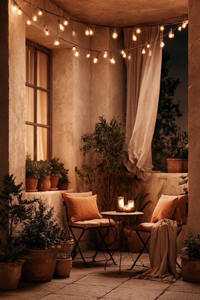 Cozy European balcony with warm string lights, candle lanterns, linen curtains, bistro table, potted plants, and romantic evening lighting.