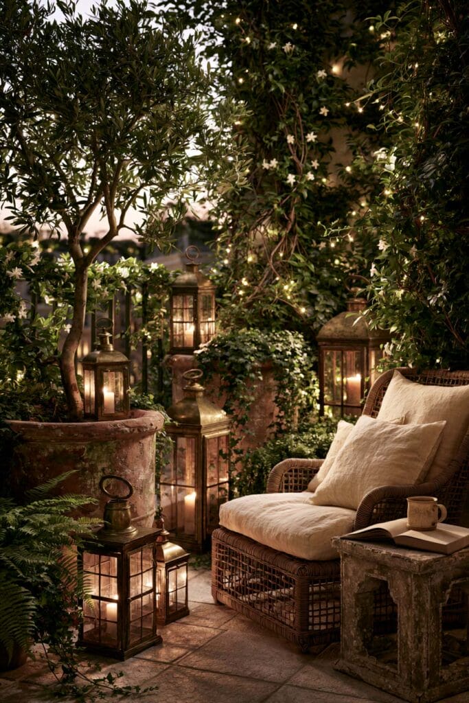 Hidden secret garden balcony at night with glowing lanterns, fairy lights, flowering climbing vines, wicker lounge chair, terracotta planter, and cozy European-inspired outdoor decor.
