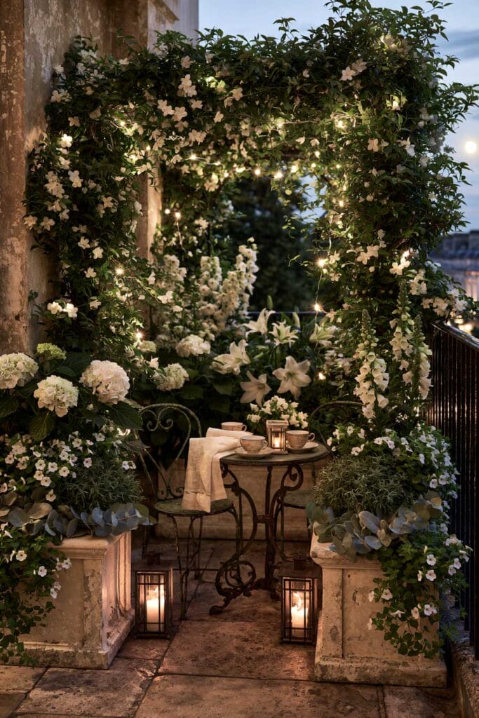 Lush moon garden balcony with white jasmine, hydrangeas, lilies, flowering vines, glowing lanterns, fairy lights, and a bistro table creating a magical secret retreat.