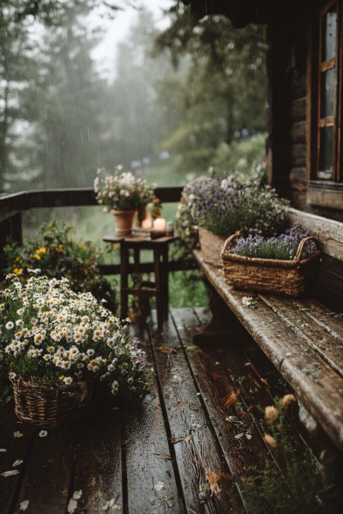 Small cottagecore apartment balcony on a rainy day featuring weathered wood flooring, a rustic wooden bench, wicker baskets filled with daisies and lavender, candlelight, and blooming wildflowers creating a cozy garden retreat.