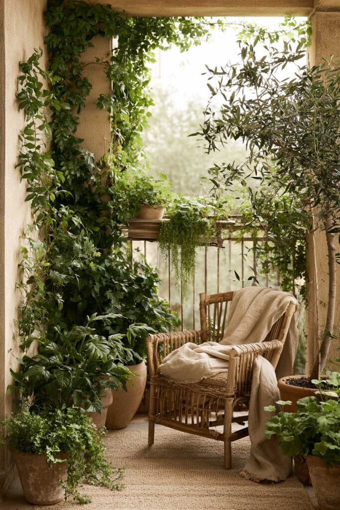 Romantic European balcony with layered greenery, climbing vines, cascading plants, an olive tree, wicker chair, and terracotta planters creating a cozy outdoor garden retreat.