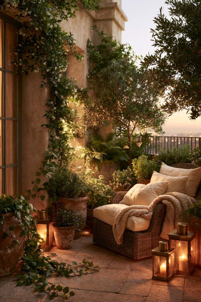 Secret garden balcony with wicker lounge chair, climbing jasmine, olive tree, lanterns, terracotta planters, and cozy European balcony decor at sunset.