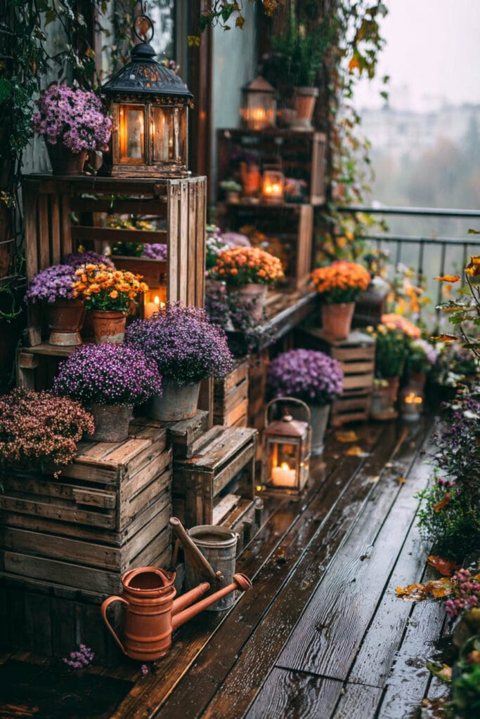 A vintage cottagecore balcony decorated with rustic wooden crates, glowing lanterns, terracotta pots, purple and orange flowers, a vintage watering can, and rain-soaked wooden decking creating a cozy seasonal retreat.