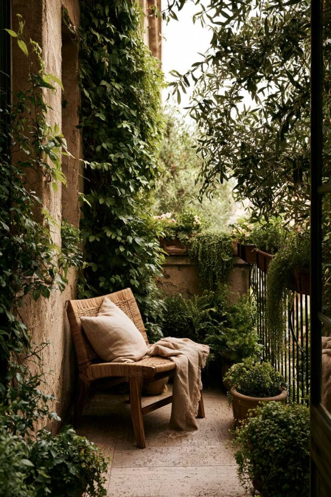 Beautiful European balcony with layered greenery, climbing vines, olive tree branches, terracotta planters, woven chair, cascading plants, and a cozy private outdoor retreat.