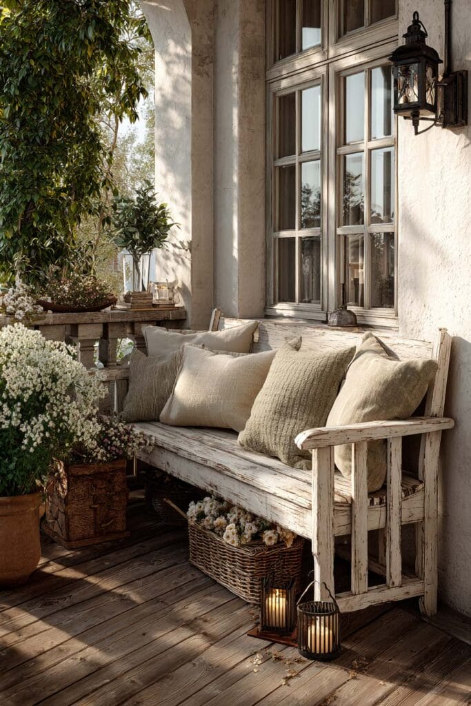 A cozy cottagecore balcony featuring a weathered white wooden bench with linen pillows, vintage lanterns, wicker baskets, white flowers, rustic wood flooring, and soft afternoon sunlight.