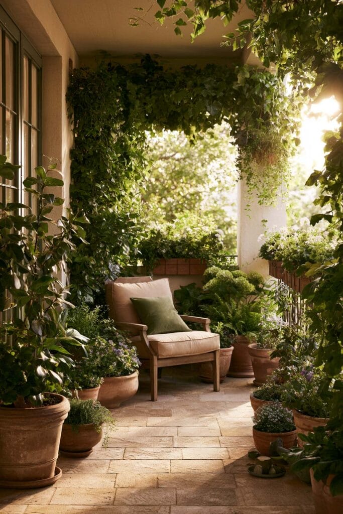 Cozy European balcony with layered greenery, ivy-covered walls, terracotta planters, cascading plants, wooden lounge chair, and a hidden garden-inspired outdoor retreat.