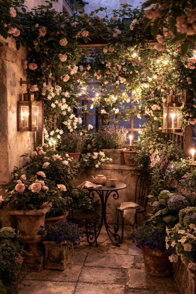 Hidden secret garden balcony with climbing roses, jasmine vines, glowing lanterns, candlelight, wrought iron bistro table, and lush flowers creating a magical European-inspired night garden.