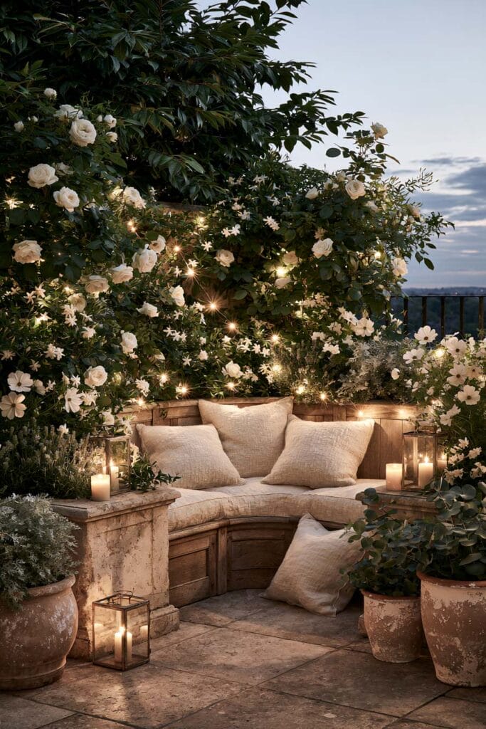 Lush moon garden balcony with white roses, jasmine, cosmos, fairy lights, lanterns, stone planters, and a cozy built-in bench creating a magical secret retreat at dusk.