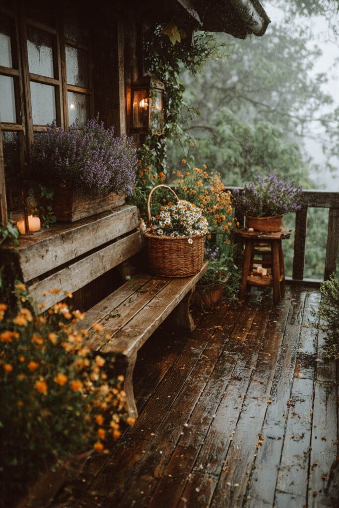 A cozy cottagecore balcony with a rustic wooden bench, wicker basket of daisies, blooming wildflowers, lavender, glowing lanterns, and rain-soaked wood creating a peaceful vintage-inspired garden retreat.