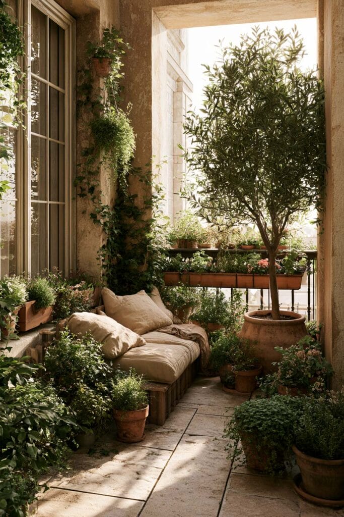 Romantic European balcony with layered greenery, terracotta planters, window boxes, climbing vines, an olive tree, and a cozy built-in daybed creating a private outdoor garden escape.